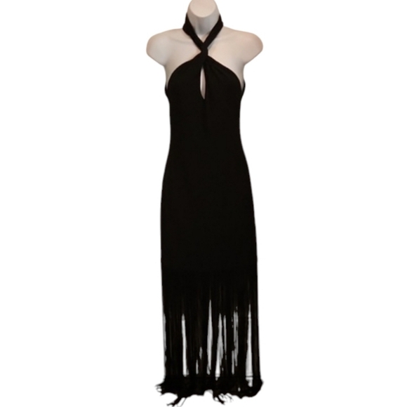 Alice + Olivia Steph Fringe Bottom Twist Front Halter Gown Evening Dress - Picture 5 of 13